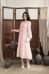 SWANLAKE | Váy Đầm Maxi Nữ Hai Lớp Rời Cổ Trụ Tay Dài Cài Nút Chất Tơ In Lót Lụa Hàn Đi Tiệc D12073LW10