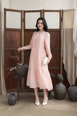 SWANLAKE | Váy Đầm Maxi Nữ Hai Lớp Rời Cổ Trụ Tay Dài Cài Nút Chất Tơ In Lót Lụa Hàn Đi Tiệc D12073LW10