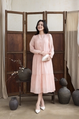 SWANLAKE | Váy Đầm Maxi Nữ Hai Lớp Rời Cổ Trụ Tay Dài Cài Nút Chất Tơ In Lót Lụa Hàn Đi Tiệc D12073LW10