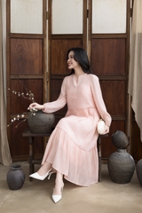 SWANLAKE | Váy Đầm Maxi Nữ Hai Lớp Rời Cổ Trụ Tay Dài Cài Nút Chất Tơ In Lót Lụa Hàn Đi Tiệc D12073LW10