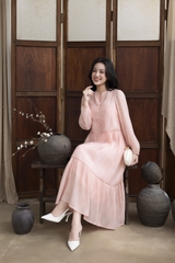 SWANLAKE | Váy Đầm Maxi Nữ Hai Lớp Rời Cổ Trụ Tay Dài Cài Nút Chất Tơ In Lót Lụa Hàn Đi Tiệc D12073LW10