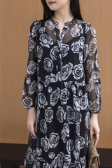 SWANLAKE | Váy Đầm Nữ Maxi Suông Xòe 2 Lớp Cổ Trụ Cài Nút Tay Dài Vải Tơ In Bông Hè Đi Biển D12073LW05