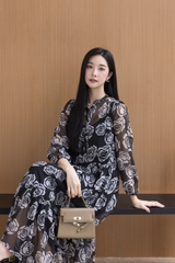 SWANLAKE | Váy Đầm Nữ Maxi Suông Xòe 2 Lớp Cổ Trụ Cài Nút Tay Dài Vải Tơ In Bông Hè Đi Biển D12073LW05