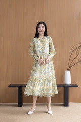 SWANLAKE | Váy Đầm Nữ Maxi Suông Xòe 2 Lớp Cổ Trụ Cài Nút Tay Dài Vải Tơ In Bông Hè Đi Biển D12073LW05