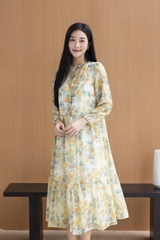 SWANLAKE | Váy Đầm Nữ Maxi Suông Xòe 2 Lớp Cổ Trụ Cài Nút Tay Dài Vải Tơ In Bông Hè Đi Biển D12073LW05