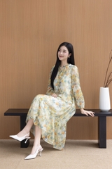SWANLAKE | Váy Đầm Nữ Maxi Suông Xòe 2 Lớp Cổ Trụ Cài Nút Tay Dài Vải Tơ In Bông Hè Đi Biển D12073LW05