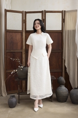 SWANLAKE | Set Bộ Nữ Chất Taffeta Áo Tay Ngắn Vạt Chéo Cổ Trụ Cài Nút Chân Váy Dài Phối Ren B13297LW01