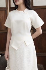 SWANLAKE | Set Bộ Nữ Chất Taffeta Áo Tay Ngắn Vạt Chéo Cổ Trụ Cài Nút Chân Váy Dài Phối Ren B13297LW01