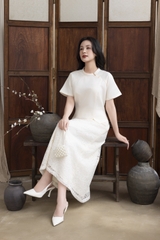 SWANLAKE | Set Bộ Nữ Chất Taffeta Áo Tay Ngắn Vạt Chéo Cổ Trụ Cài Nút Chân Váy Dài Phối Ren B13297LW01