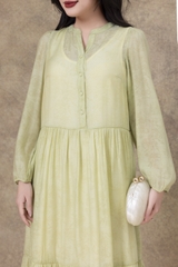 SWANLAKE | Váy Đầm Maxi Nữ Hai Lớp Rời Cổ Trụ Tay Dài Cài Nút Chất Tơ In Lót Lụa Hàn Đi Tiệc D12073LW10