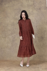 SWANLAKE | Váy Đầm Maxi Nữ Hai Lớp Rời Cổ Trụ Tay Dài Cài Nút Chất Tơ In Lót Lụa Hàn Đi Tiệc D12073LW10