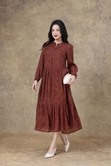 SWANLAKE | Váy Đầm Maxi Nữ Hai Lớp Rời Cổ Trụ Tay Dài Cài Nút Chất Tơ In Lót Lụa Hàn Đi Tiệc D12073LW10