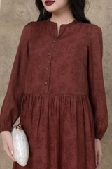 SWANLAKE | Váy Đầm Maxi Nữ Hai Lớp Rời Cổ Trụ Tay Dài Cài Nút Chất Tơ In Lót Lụa Hàn Đi Tiệc D12073LW10