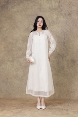 SWANLAKE | Váy Đầm Nữ Suông Maxi Vải Tơ Lót Lụa Thêu Hoa Cao Cấp Tay Dài Cổ Chữ V Đi Tiệc D13285LW01