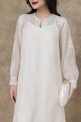 SWANLAKE | Váy Đầm Nữ Suông Maxi Vải Tơ Lót Lụa Thêu Hoa Cao Cấp Tay Dài Cổ Chữ V Đi Tiệc D13285LW01