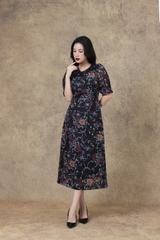 SWANLAKE | Váy Đầm Nữ Maxi Suông Vải Tơ In Hoa Cổ Tròn Tay Bí Phồng Chiết Eo Đi Tiệc Công Sở D13245LW01