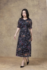 SWANLAKE | Váy Đầm Nữ Maxi Suông Vải Tơ In Hoa Cổ Tròn Tay Bí Phồng Chiết Eo Đi Tiệc Công Sở D13245LW01