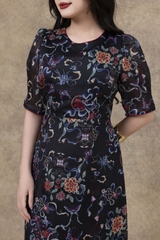 SWANLAKE | Váy Đầm Nữ Maxi Suông Vải Tơ In Hoa Cổ Tròn Tay Bí Phồng Chiết Eo Đi Tiệc Công Sở D13245LW01