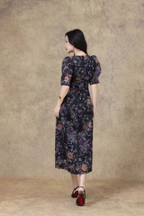 SWANLAKE | Váy Đầm Nữ Maxi Suông Vải Tơ In Hoa Cổ Tròn Tay Bí Phồng Chiết Eo Đi Tiệc Công Sở D13245LW01