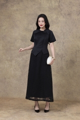 SWANLAKE | Set Bộ Nữ Chất Taffeta Áo Tay Ngắn Vạt Chéo Cổ Trụ Cài Nút Chân Váy Dài Phối Ren B13297LW01