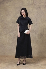 SWANLAKE | Set Bộ Nữ Chất Taffeta Áo Tay Ngắn Vạt Chéo Cổ Trụ Cài Nút Chân Váy Dài Phối Ren B13297LW01