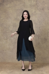 SWANLAKE | Váy Đầm Maxi Suông Nữ Xẻ Tà Tay Lỡ Cổ Tròn Vải Tơ Dập Ly Cao Cấp Đi Tiệc Công Sở D13235LW01