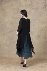 SWANLAKE | Váy Đầm Maxi Suông Nữ Xẻ Tà Tay Lỡ Cổ Tròn Vải Tơ Dập Ly Cao Cấp Đi Tiệc Công Sở D13235LW01