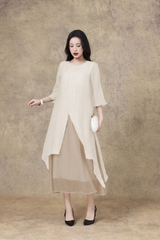 SWANLAKE | Váy Đầm Maxi Suông Nữ Xẻ Tà Tay Lỡ Cổ Tròn Vải Tơ Dập Ly Cao Cấp Đi Tiệc Công Sở D13235LW01