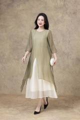 SWANLAKE | Váy Đầm Maxi Suông Nữ Xẻ Tà Tay Lỡ Cổ Tròn Vải Tơ Dập Ly Cao Cấp Đi Tiệc Công Sở D13235LW01