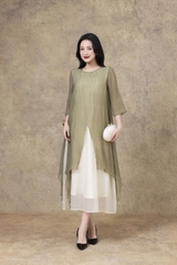 SWANLAKE | Váy Đầm Maxi Suông Nữ Xẻ Tà Tay Lỡ Cổ Tròn Vải Tơ Dập Ly Cao Cấp Đi Tiệc Công Sở D13235LW01