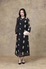 SWANLAKE | Váy Đầm Nữ Suông Maxi Vải Tơ Lót Lụa Thêu Hoa Cao Cấp Tay Dài Cổ Chữ V Đi Tiệc D13285LW01