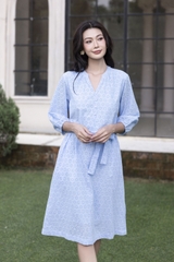 SWANLAKE | Váy Đầm Nữ Suông Cô Trụ Cài Nút Dây Thắt Eo Cotton Thêu Đục Lỗ Tay Bí Lỡ Có Túi D12671LW01