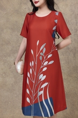 SWANLAKE | Váy Đầm Nữ Phom A Cổ Tròn Tay Ngắn Lụa Dày In Hoa Sang Trọng Đi Tiệc Công Sở D13067LW01