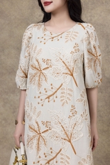 SWANLAKE | Váy Đầm Nữ Midi Phom A Tay Bí Lỡ Phồng Cổ Tròn Vải Đũi Thêu Hoa Dự Tiệc Công Sở D13292LW01