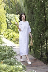 SWANLAKE | Váy Đầm Nữ Maxi Suông Vải Cotton Thêu Đục Lỗ Hè Cổ Tròn Tay Ren Lỡ Ống Loe Có Túi D12688LW01
