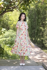 SWANLAKE | Váy Đầm Sơ Mi Nữ Suông Maxi Đuôi Cá Cài Nút Công Sở Biển Hè Linen In Hoa Có Túi D12758LW01