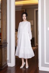 SWANLAKE | Váy Đầm Nữ Maxi Đuôi Cá Babydoll Cotton Thêu Đục Lỗ Trơn Cổ Trụ Cài Nút Tay Dài Hè D12394