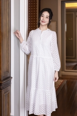 SWANLAKE | Váy Đầm Nữ Maxi Đuôi Cá Babydoll Cotton Thêu Đục Lỗ Trơn Cổ Trụ Cài Nút Tay Dài Hè D12394