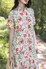 SWANLAKE | Váy Đầm Sơ Mi Nữ Suông Maxi Đuôi Cá Cài Nút Công Sở Biển Hè Linen In Hoa Có Túi D12758LW01
