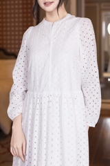 SWANLAKE | Váy Đầm Nữ Maxi Đuôi Cá Babydoll Cotton Thêu Đục Lỗ Trơn Cổ Trụ Cài Nút Tay Dài Hè D12394