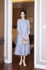 SWANLAKE | Váy Đầm Nữ Maxi Đuôi Cá Babydoll Cotton Thêu Đục Lỗ Trơn Cổ Trụ Cài Nút Tay Dài Hè D12394