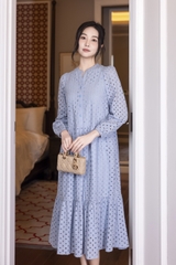 SWANLAKE | Váy Đầm Nữ Maxi Đuôi Cá Babydoll Cotton Thêu Đục Lỗ Trơn Cổ Trụ Cài Nút Tay Dài Hè D12394