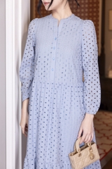 SWANLAKE | Váy Đầm Nữ Maxi Đuôi Cá Babydoll Cotton Thêu Đục Lỗ Trơn Cổ Trụ Cài Nút Tay Dài Hè D12394