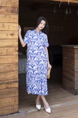SWANLAKE | Váy Đầm Sơ Mi Nữ Suông Maxi Đuôi Cá Cài Nút Công Sở Biển Hè Linen In Hoa Có Túi D12758LW01