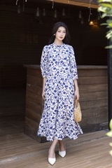 SWANLAKE | Váy Đầm Maxi Hoa Nhí Phom Dài Xòe 2 Tầng Vải Xô Bông/Linen Lụa Tay Lỡ Cổ Trụ - D10887