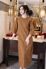 SWANLAKE | Váy Đầm Nữ Maxi Suông Vải Cotton Thêu Đục Lỗ Hè Cổ Tròn Tay Ren Lỡ Ống Loe Có Túi D12688LW01