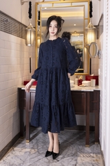 SWANLAKE | Váy Đầm Nữ Maxi Đuôi Cá Babydoll Cotton Thêu Đục Lỗ Trơn Cổ Trụ Cài Nút Tay Dài Hè D12394