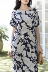 SWANLAKE | Váy Đầm Nữ Maxi Suông Vải Linen In Hoa Hè Cổ Thuyền Tay Ngắn Xẻ Tà Có Túi Du Lịch D12689LW01