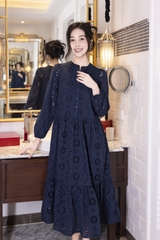 SWANLAKE | Váy Đầm Nữ Maxi Đuôi Cá Babydoll Cotton Thêu Đục Lỗ Trơn Cổ Trụ Cài Nút Tay Dài Hè D12394