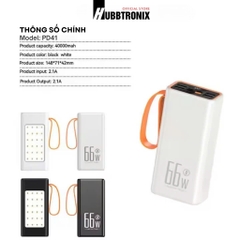 Sạc dự phòng siêu nhanh, siêu mạnh 40.000mAh HubbFast PD41. Hổ trợ sạc nhanh. Đèn siêu sáng